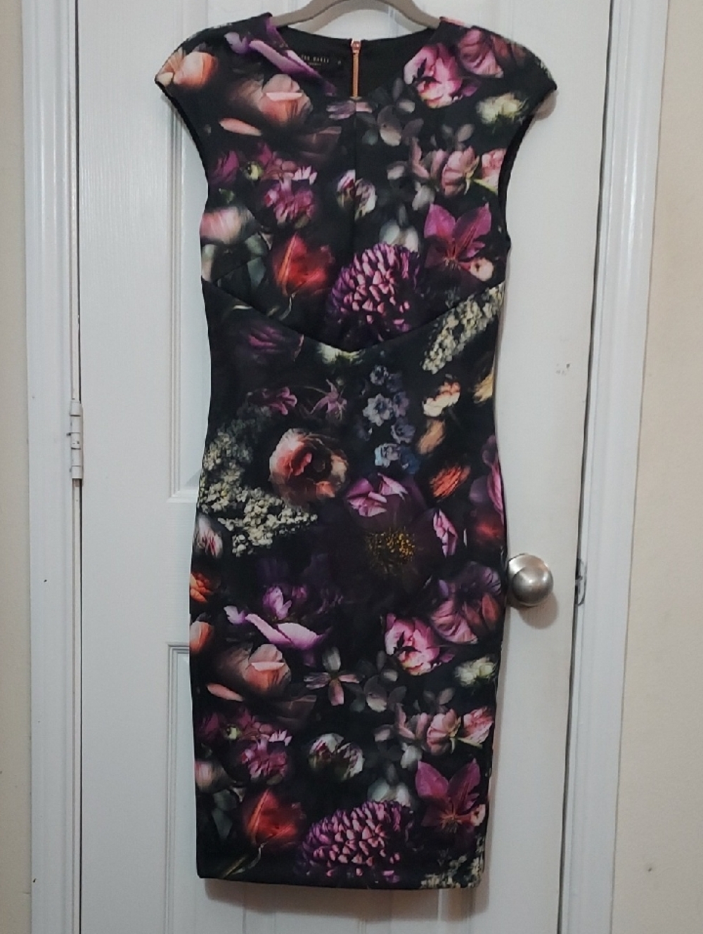 Ted Baker London Raisie Black Midi Dress with Pink and Purple Floral Print